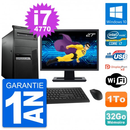 PC Tour Lenovo M93p Ecran 27" Intel i7-4770 RAM 32Go Disque 1To Windows 10 Wifi