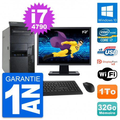 PC Tour Lenovo M93p Ecran 19" Intel i7-4790 RAM 32Go Disque 1To Windows 10 Wifi