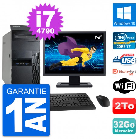 PC Tour Lenovo M93p Ecran 19" Intel i7-4790 RAM 32Go Disque 2To Windows 10 Wifi