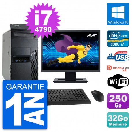 PC Tour Lenovo M93p Ecran 22" Core i7-4790 RAM 32Go Disque 250Go Windows 10 Wifi