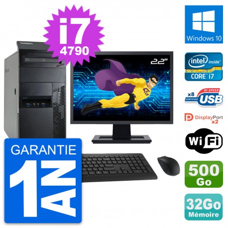 PC Tour Lenovo M93p Ecran 22" Core i7-4790 RAM 32Go Disque 500Go Windows 10 Wifi