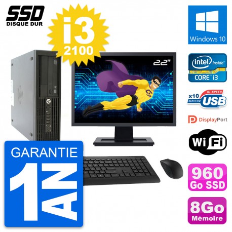 PC HP Z210 SFF Ecran 22" Intel Core i3-2100 RAM 8Go SSD 960Go Windows 10 Wifi