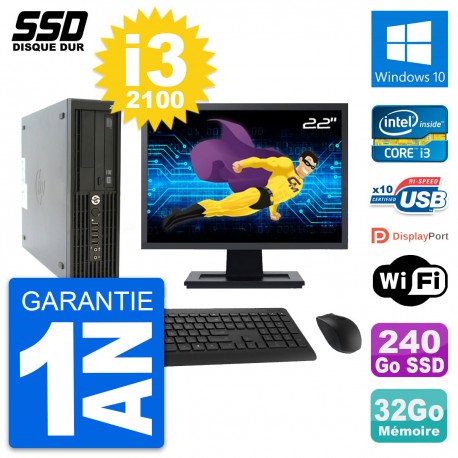 PC HP Z210 SFF Ecran 22" Intel Core i3-2100 RAM 32Go SSD 240Go Windows 10 Wifi