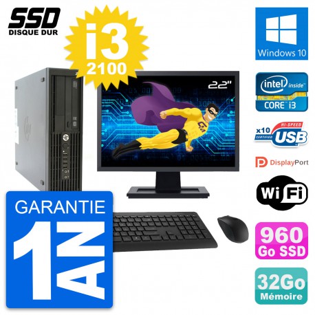 PC HP Z210 SFF Ecran 22" Intel Core i3-2100 RAM 32Go SSD 960Go Windows 10 Wifi