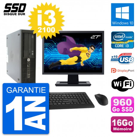 PC HP Z210 SFF Ecran 27" Intel Core i3-2100 RAM 16Go SSD 960Go Windows 10 Wifi