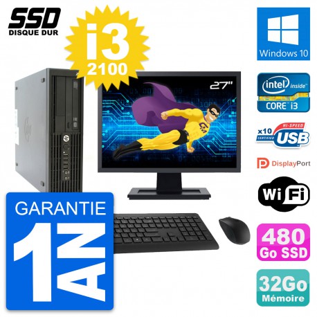 PC HP Z210 SFF Ecran 27" Intel Core i3-2100 RAM 32Go SSD 480Go Windows 10 Wifi