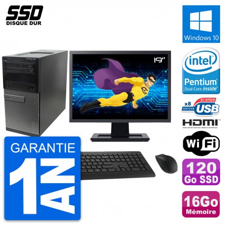 PC Tour Dell 390 MT Ecran 19" Intel G630 RAM 16Go SSD 120Go HDMI Windows 10 Wifi