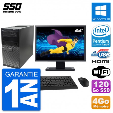 PC Tour Dell 390 MT Ecran 22" Intel G630 RAM 4Go SSD 120Go HDMI Windows 10 Wifi