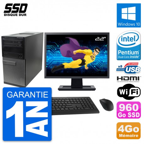 PC Tour Dell 390 MT Ecran 22" Intel G630 RAM 4Go SSD 960Go HDMI Windows 10 Wifi