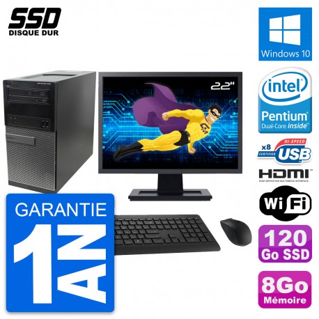 PC Tour Dell 390 MT Ecran 22" Intel G630 RAM 8Go SSD 120Go HDMI Windows 10 Wifi
