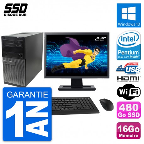 PC Tour Dell 390 MT Ecran 22" Intel G630 RAM 16Go SSD 480Go HDMI Windows 10 Wifi