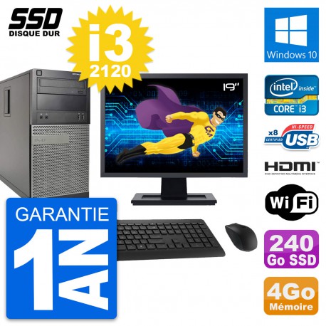 PC Tour Dell 390 MT Ecran 19" i3-2120 RAM 4Go SSD 240Go HDMI Windows 10 Wifi