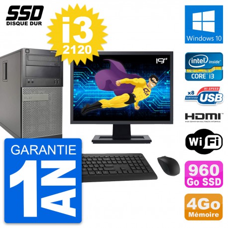 PC Tour Dell 390 MT Ecran 19" i3-2120 RAM 4Go SSD 960Go HDMI Windows 10 Wifi