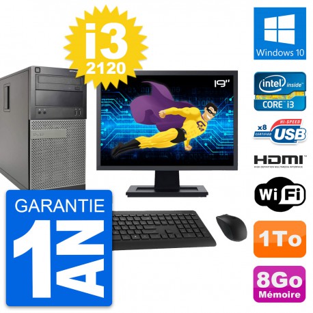 PC Tour Dell 390 MT Ecran 19" i3-2120 RAM 8Go Disque 1To HDMI Windows 10 Wifi