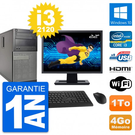 PC Tour Dell 390 MT Ecran 22" i3-2120 RAM 4Go Disque 1To HDMI Windows 10 Wifi