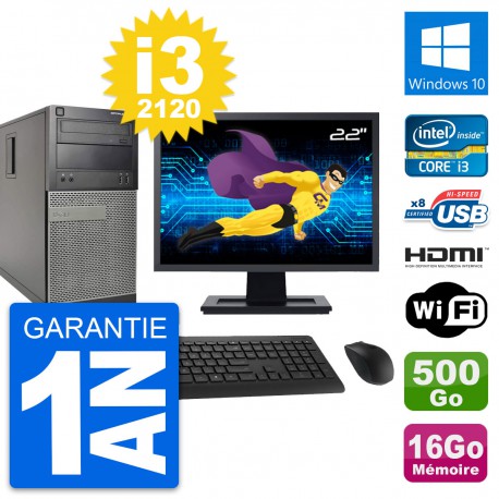 PC Tour Dell 390 MT Ecran 22" i3-2120 RAM 16Go Disque 500Go HDMI Windows 10 Wifi