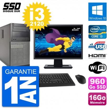 PC Tour Dell 390 MT Ecran 22" i3-2120 RAM 16Go SSD 960Go HDMI Windows 10 Wifi
