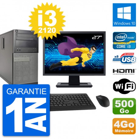 PC Tour Dell 390 MT Ecran 27" i3-2120 RAM 4Go Disque 500Go HDMI Windows 10 Wifi