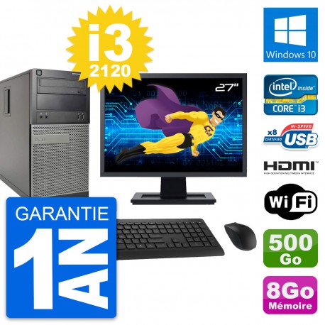 PC Tour Dell 390 MT Ecran 27" i3-2120 RAM 8Go Disque 500Go HDMI Windows 10 Wifi