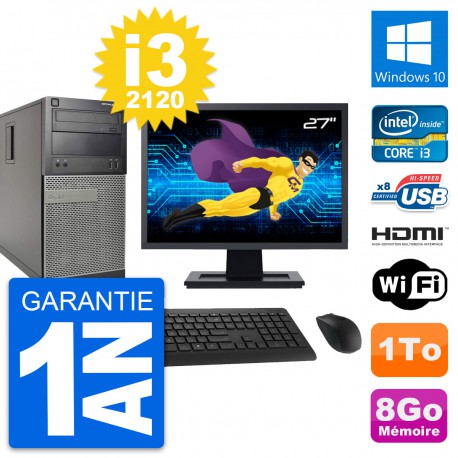 PC Tour Dell 390 MT Ecran 27" i3-2120 RAM 8Go Disque 1To HDMI Windows 10 Wifi