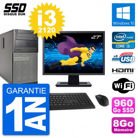 PC Tour Dell 390 MT Ecran 27" i3-2120 RAM 8Go SSD 960Go HDMI Windows 10 Wifi