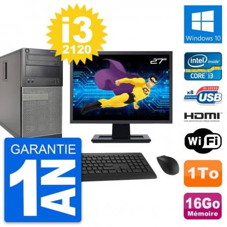 PC Tour Dell 390 MT Ecran 27" i3-2120 RAM 16Go Disque 1To HDMI Windows 10 Wifi