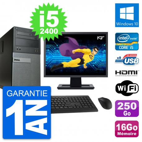 PC Tour Dell 390 MT Ecran 19" i5-2400 RAM 16Go Disque 250Go HDMI Windows 10 Wifi
