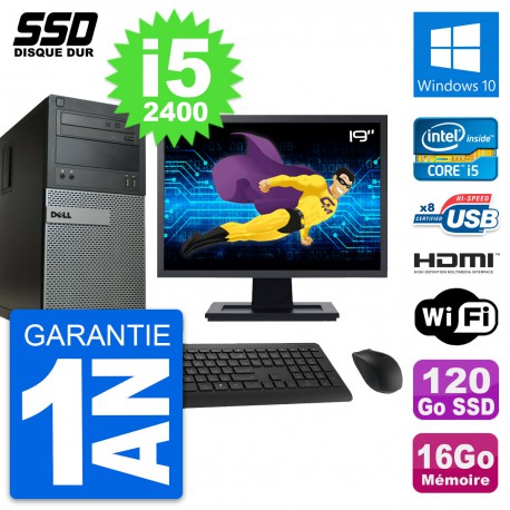 PC Tour Dell 390 MT Ecran 19" i5-2400 RAM 16Go SSD 120Go HDMI Windows 10 Wifi