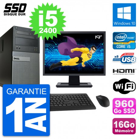 PC Tour Dell 390 MT Ecran 19" i5-2400 RAM 16Go SSD 960Go HDMI Windows 10 Wifi
