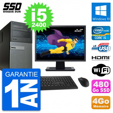 PC Tour Dell 390 MT Ecran 22" i5-2400 RAM 4Go SSD 480Go HDMI Windows 10 Wifi
