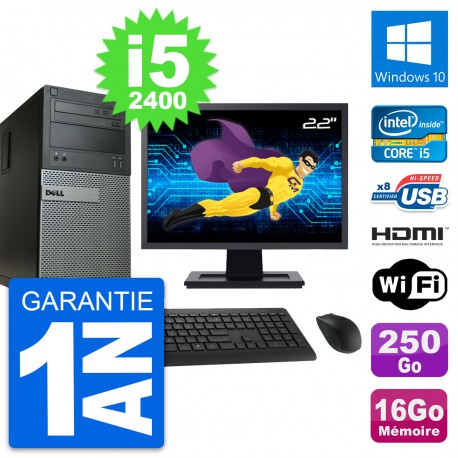 PC Tour Dell 390 MT Ecran 22" i5-2400 RAM 16Go Disque 250Go HDMI Windows 10 Wifi