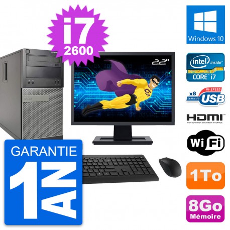 PC Tour Dell 390 MT Ecran 22" i7-2600 RAM 8Go Disque 1To HDMI Windows 10 Wifi
