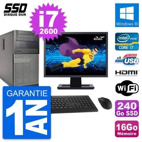 PC Tour Dell 390 MT Ecran 22" i7-2600 RAM 16Go SSD 240Go HDMI Windows 10 Wifi