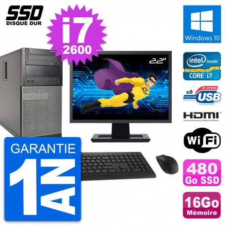 PC Tour Dell 390 MT Ecran 22" i7-2600 RAM 16Go SSD 480Go HDMI Windows 10 Wifi