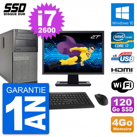 PC Tour Dell 390 MT Ecran 27" i7-2600 RAM 4Go SSD 120Go HDMI Windows 10 Wifi