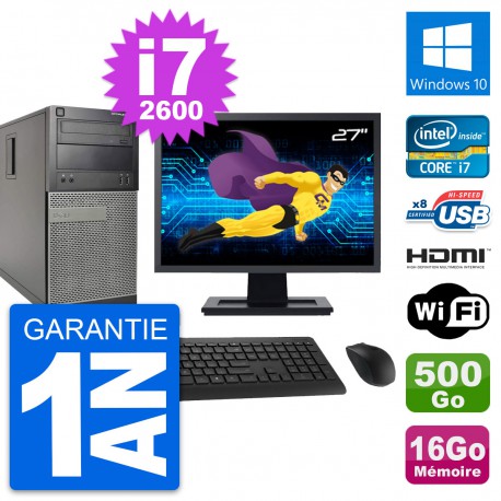 PC Tour Dell 390 MT Ecran 27" i7-2600 RAM 16Go Disque 500Go HDMI Windows 10 Wifi