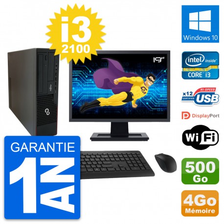 PC Fujitsu E910 DT Ecran 19" Intel i3-2100 RAM 4Go Disque 500Go Windows 10 Wifi