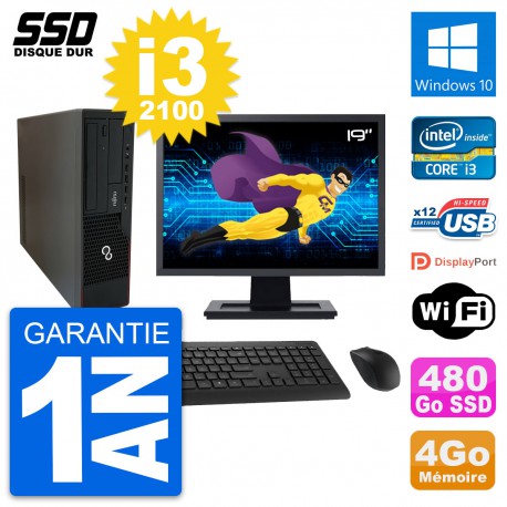 PC Fujitsu E910 DT Ecran 19" Intel i3-2100 RAM 4Go SSD 480Go Windows 10 Wifi