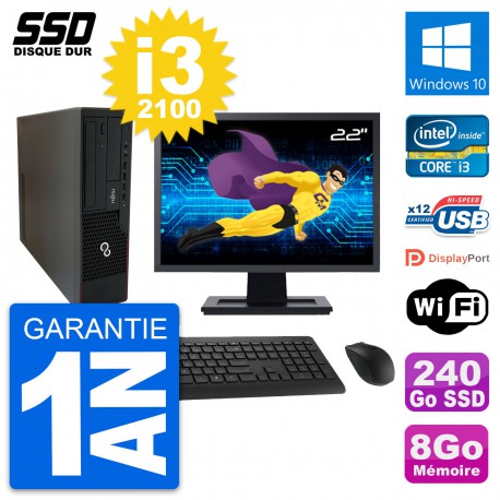 PC Fujitsu E910 DT Ecran 22" Intel i3-2100 RAM 8Go SSD 240Go Windows 10 Wifi