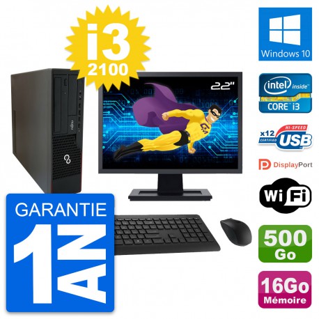 PC Fujitsu E910 DT Ecran 22" Intel i3-2100 RAM 16Go Disque 500Go Windows 10 Wifi