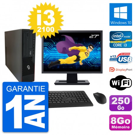 PC Fujitsu E910 DT Ecran 27" Intel i3-2100 RAM 8Go Disque 250Go Windows 10 Wifi