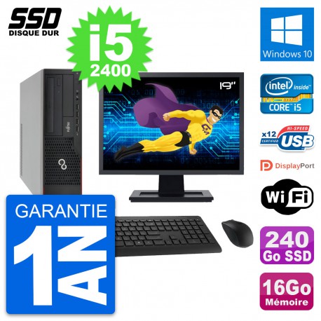 PC Fujitsu E910 DT Ecran 19" Intel i5-2400 RAM 16Go SSD 240Go Windows 10 Wifi