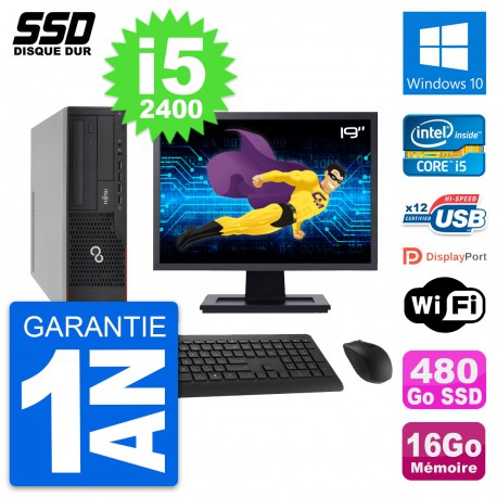 PC Fujitsu E910 DT Ecran 19" Intel i5-2400 RAM 16Go SSD 480Go Windows 10 Wifi
