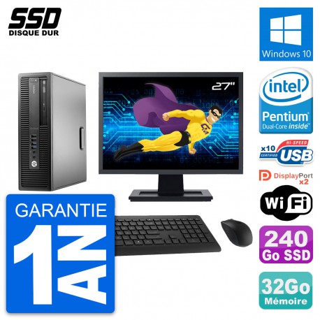 PC HP EliteDesk 800 G2 SFF Ecran 27" G4400 RAM 32Go SSD 240Go Windows 10 Wifi
