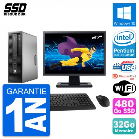 PC HP EliteDesk 800 G2 SFF Ecran 27" G4400 RAM 32Go SSD 480Go Windows 10 Wifi