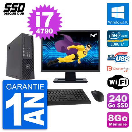 PC Dell T1700 SFF Ecran 19" Intel Core i7-4790 RAM 8Go SSD 240Go Windows 10 Wifi