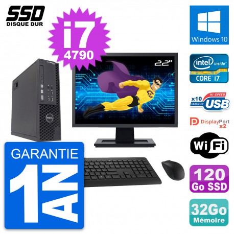PC Dell T1700 SFF Ecran 22" Intel i7-4790 RAM 32Go SSD 120Go Windows 10 Wifi