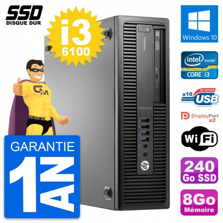 PC HP EliteDesk 800 G2 SFF Intel Core i3-6100 RAM 8Go SSD 240Go Windows 10 Wifi