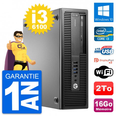 PC HP EliteDesk 800 G2 SFF Intel i3-6100 RAM 16Go Disque 2To Windows 10 Wifi