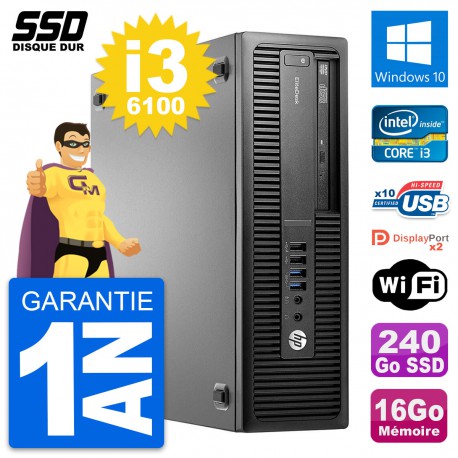 PC HP EliteDesk 800 G2 SFF Intel Core i3-6100 RAM 16Go SSD 240Go Windows 10 Wifi